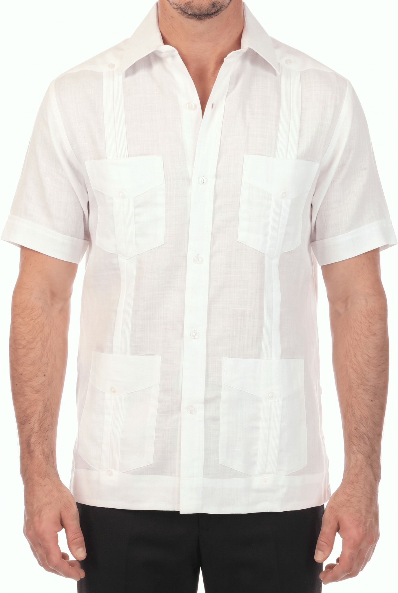 Close-up of a white, short-sleeve Irish Linen Four Pocket Guayabera Shirt featuring its four pockets.
