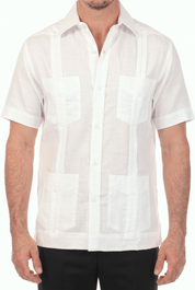 Close-up of a white, short-sleeve Irish Linen Four Pocket Guayabera Shirt featuring its four pockets.