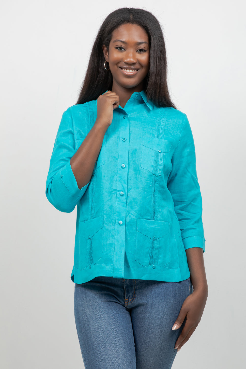 100% Linen Guayabera Shirt 3/4 Sleeve 4 Pocket
