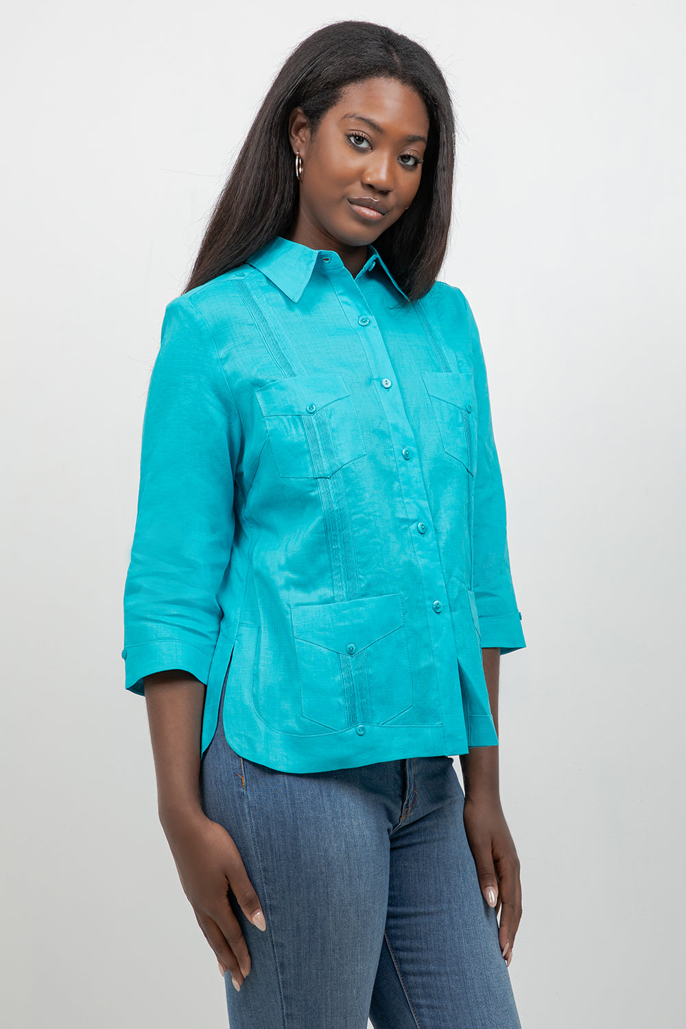 100% Linen Guayabera Shirt 3/4 Sleeve 4 Pocket
