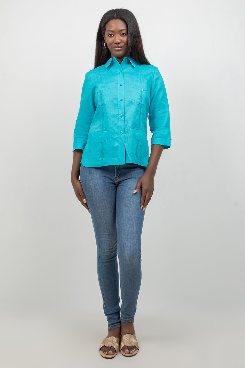 100% Linen Guayabera Shirt 3/4 Sleeve 4 Pocket