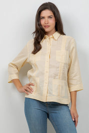 100% Linen Guayabera Shirt 3/4 Sleeve 4 Pocket
