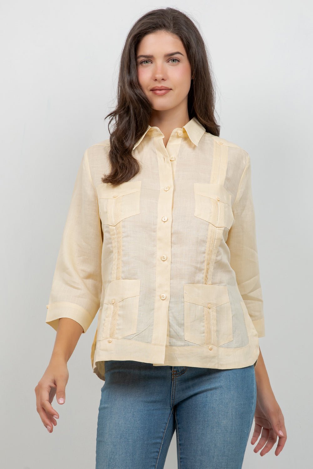 100% Linen Guayabera Shirt 3/4 Sleeve 4 Pocket