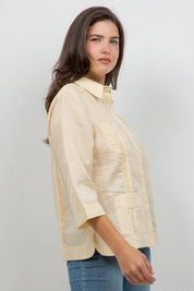 100% Linen Guayabera Shirt 3/4 Sleeve 4 Pocket