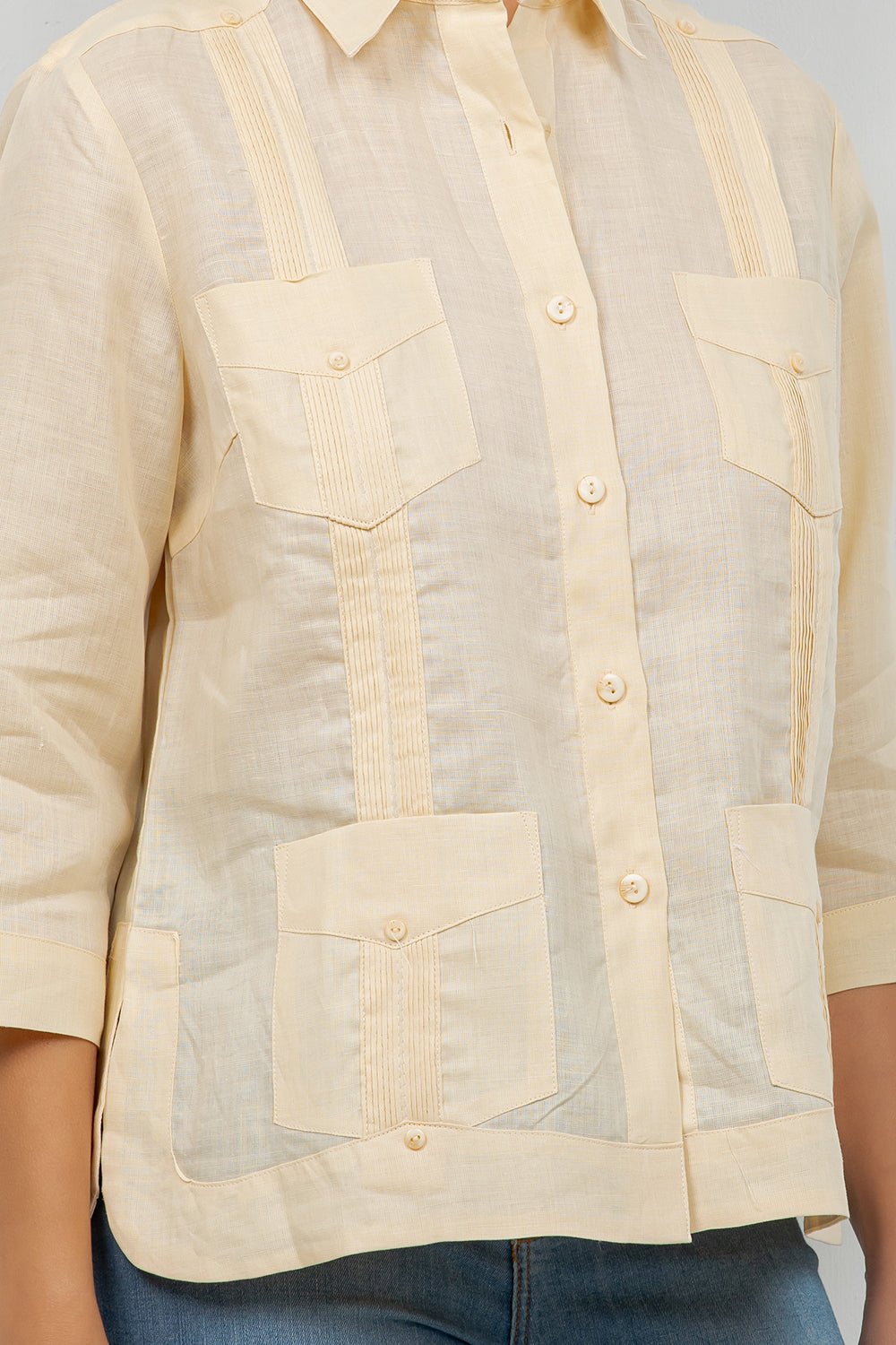 100% Linen Guayabera Shirt 3/4 Sleeve 4 Pocket