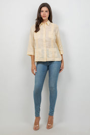 100% Linen Guayabera Shirt 3/4 Sleeve 4 Pocket