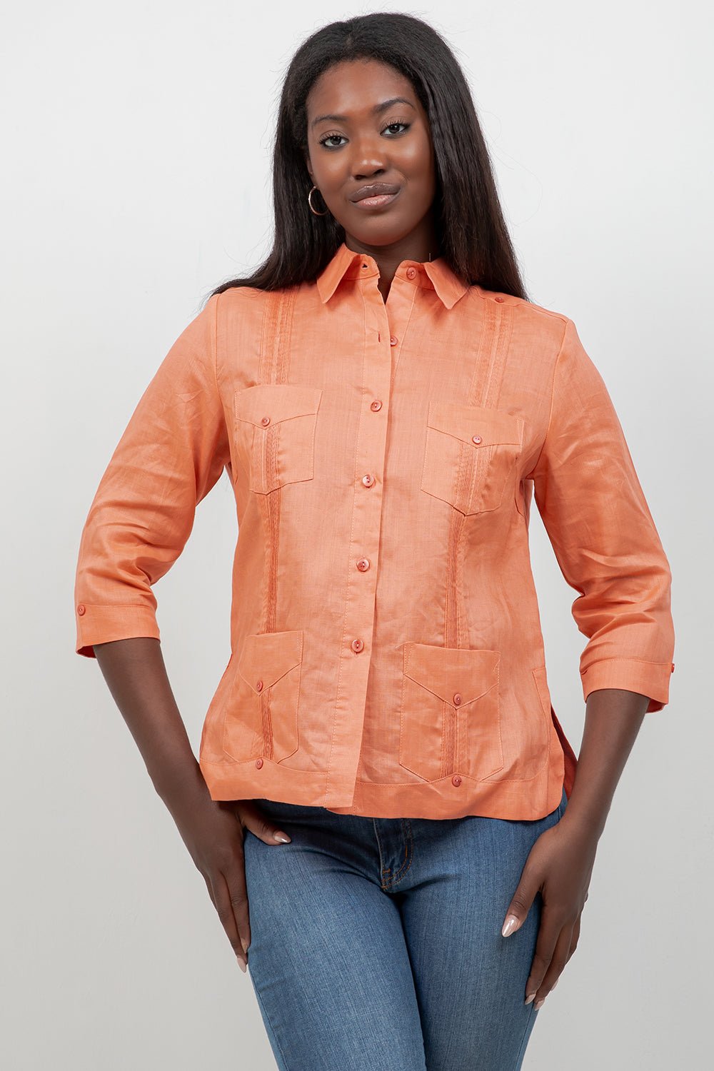 100% Linen Guayabera Shirt 3/4 Sleeve 4 Pocket