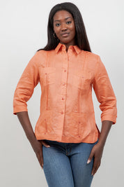 100% Linen Guayabera Shirt 3/4 Sleeve 4 Pocket