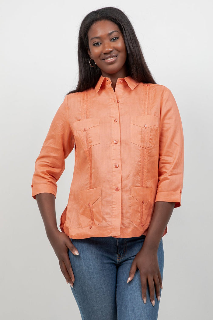 Women's crisp white linen guayabera shirt, 3/4 sleeve, front view, vacation outfit, Mojito Collection