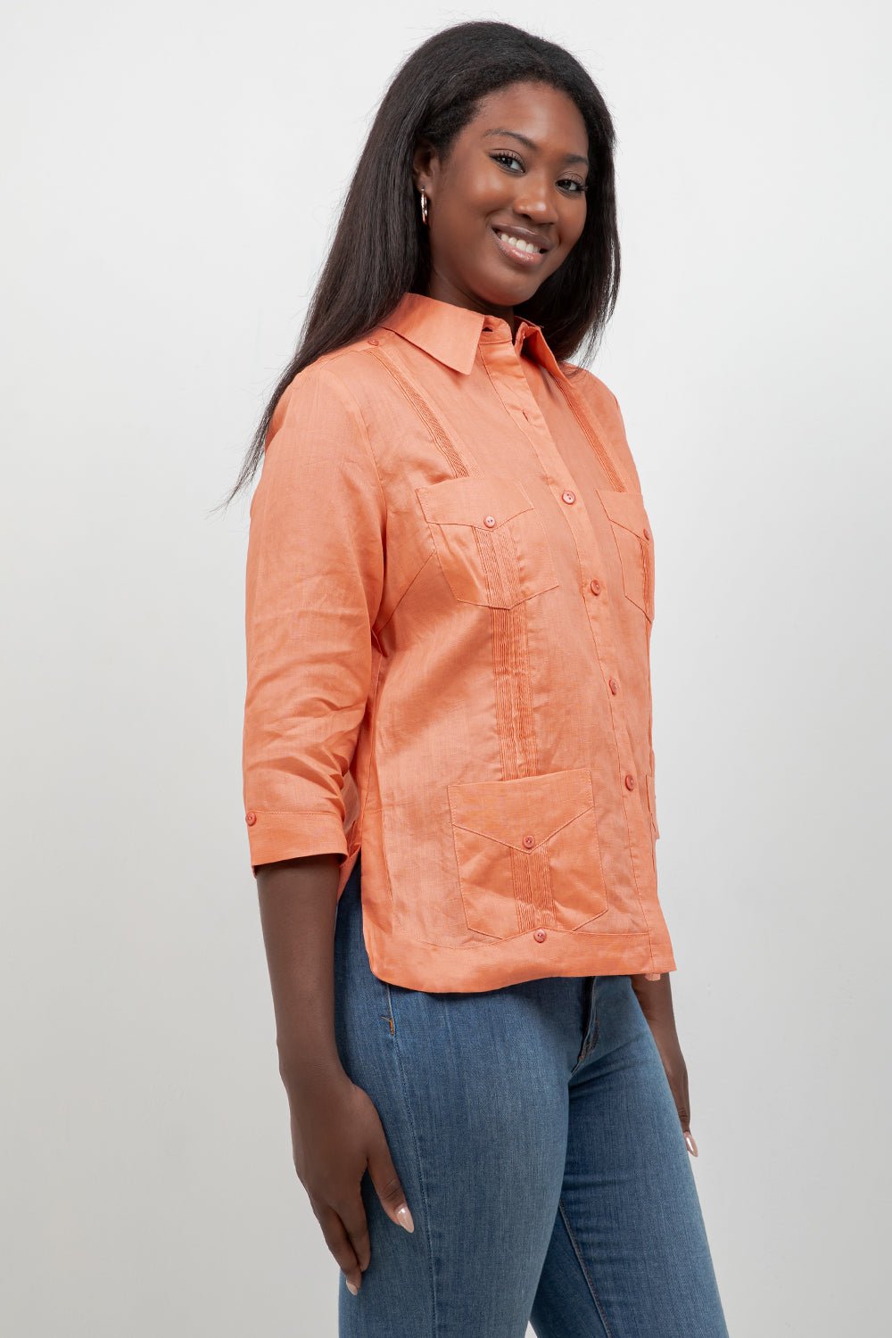 100% Linen Guayabera Shirt 3/4 Sleeve 4 Pocket