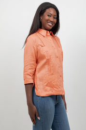 100% Linen Guayabera Shirt 3/4 Sleeve 4 Pocket