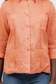 100% Linen Guayabera Shirt 3/4 Sleeve 4 Pocket