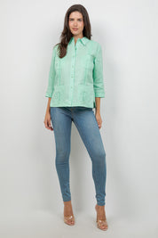 Guayabera de lino para mujer, manga 3/4, 4 bolsillos, estilo cubano