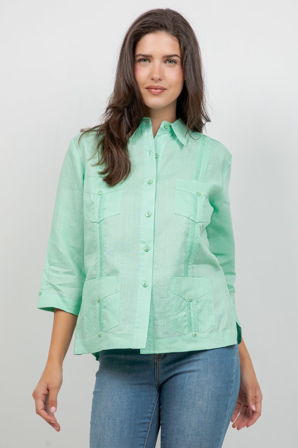 Women's 100% Linen Guayabera Shirt 3/4 Sleeve 4-Pocket Cuban – Mojito  Collection