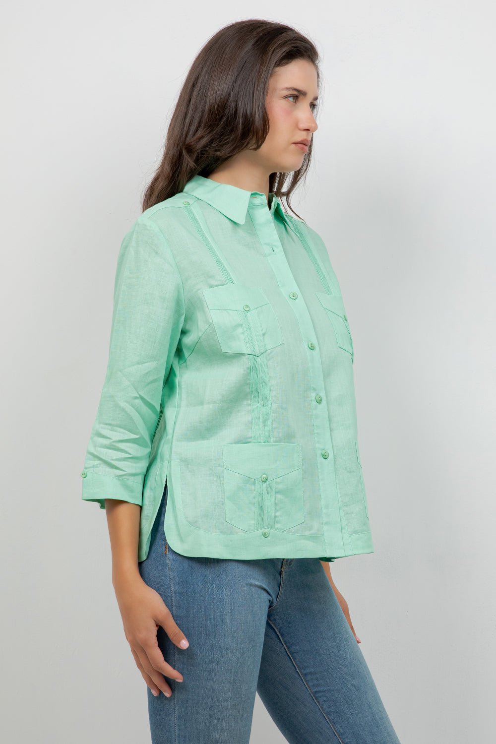 Guayabera de lino para mujer, manga 3/4, 4 bolsillos, estilo cubano