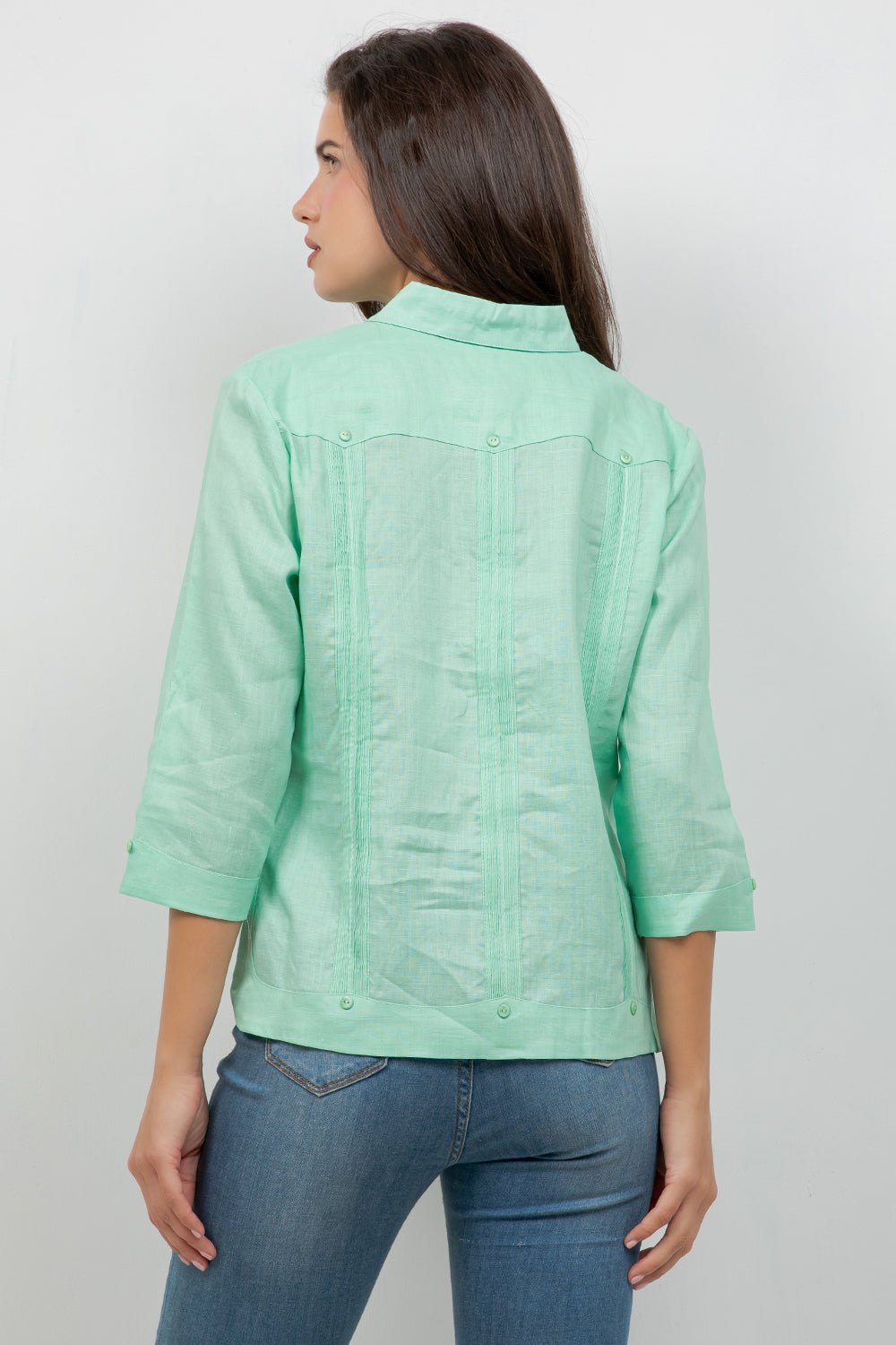 Guayabera de lino para mujer, manga 3/4, 4 bolsillos, estilo cubano