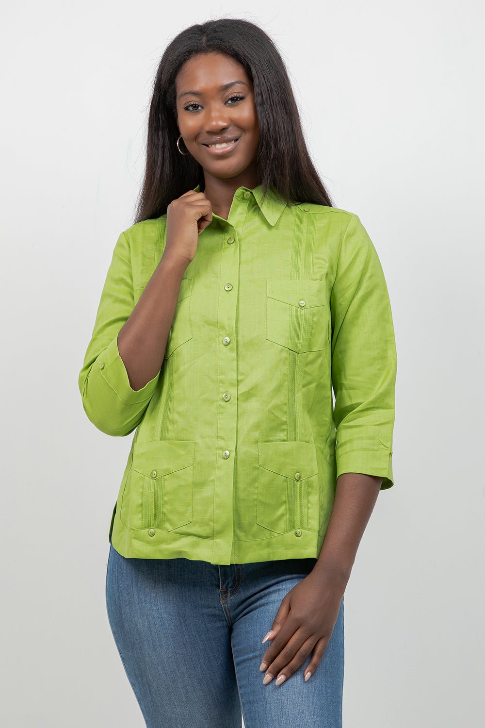 100% Linen Guayabera Shirt 3/4 Sleeve 4 Pocket