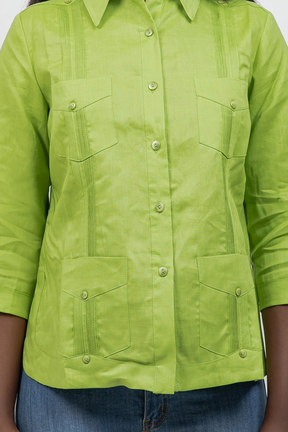 100% Linen Guayabera Shirt 3/4 Sleeve 4 Pocket