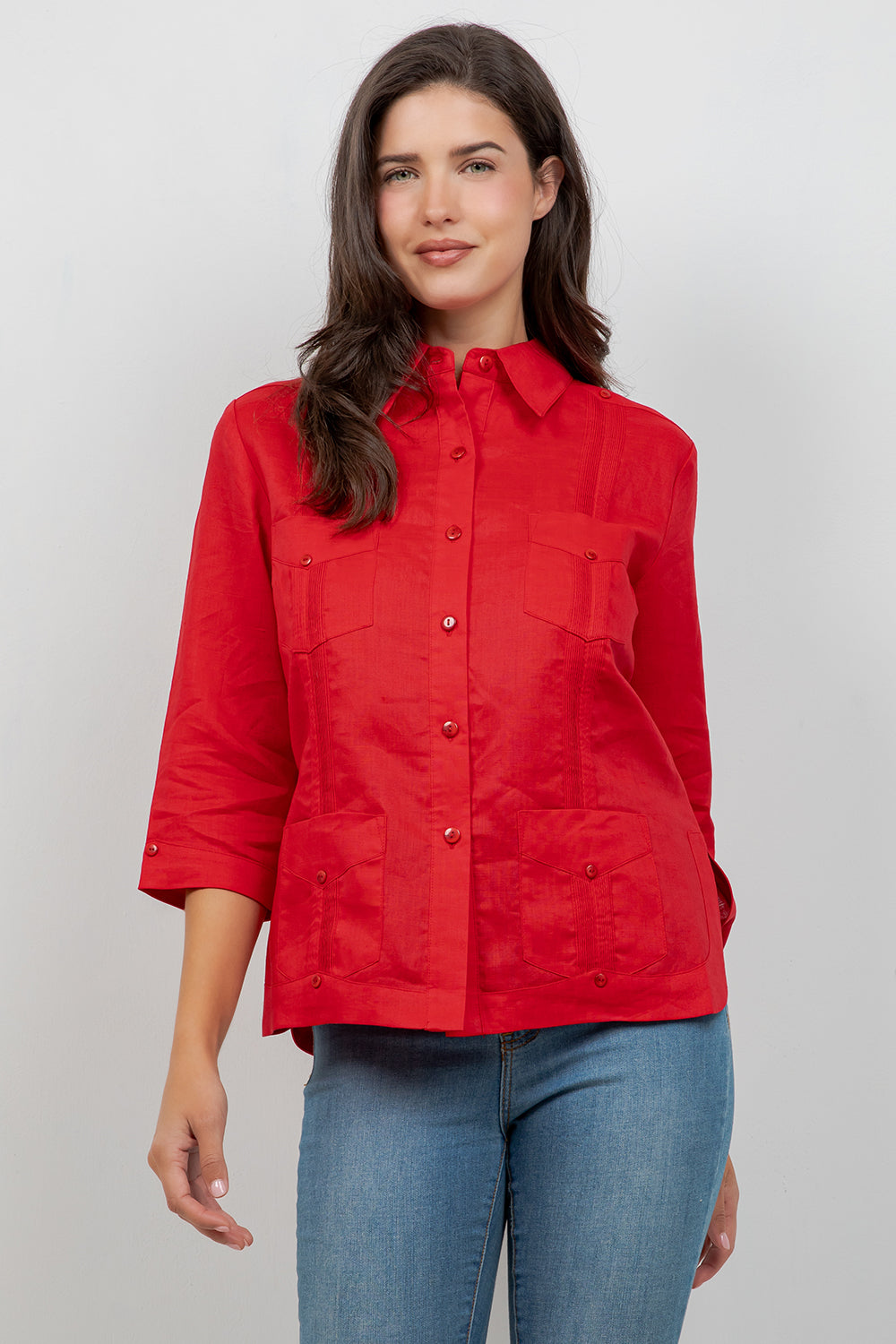 Guayabera de lino para mujer, manga 3/4, 4 bolsillos, estilo cubano
