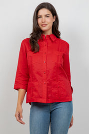 Guayabera de lino para mujer, manga 3/4, 4 bolsillos, estilo cubano