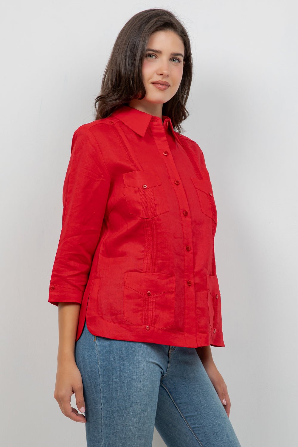 Guayabera de lino para mujer, manga 3/4, 4 bolsillos, estilo cubano