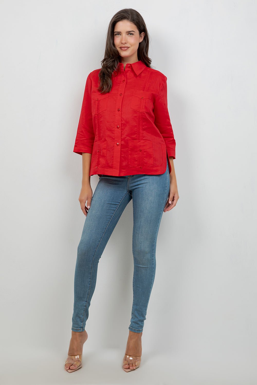 Guayabera de lino para mujer, manga 3/4, 4 bolsillos, estilo cubano