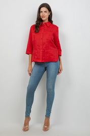 Guayabera de lino para mujer, manga 3/4, 4 bolsillos, estilo cubano
