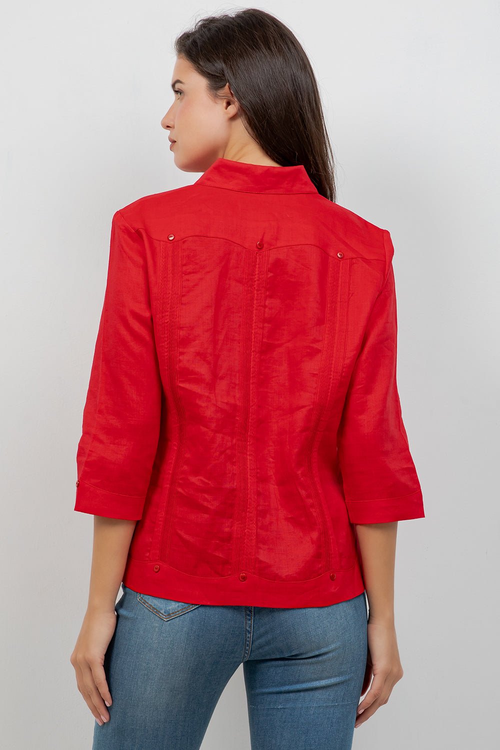 Guayabera de lino para mujer, manga 3/4, 4 bolsillos, estilo cubano