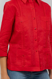 Guayabera de lino para mujer, manga 3/4, 4 bolsillos, estilo cubano