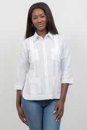 100% Linen Guayabera Shirt 3/4 Sleeve 4 Pocket