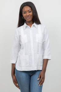 Camisa Guayabera 100% Lino Manga 3/4 4 Bolsillos - BLANCO / XS