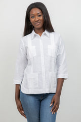 100% Linen Guayabera Shirt 3/4 Sleeve 4 Pocket