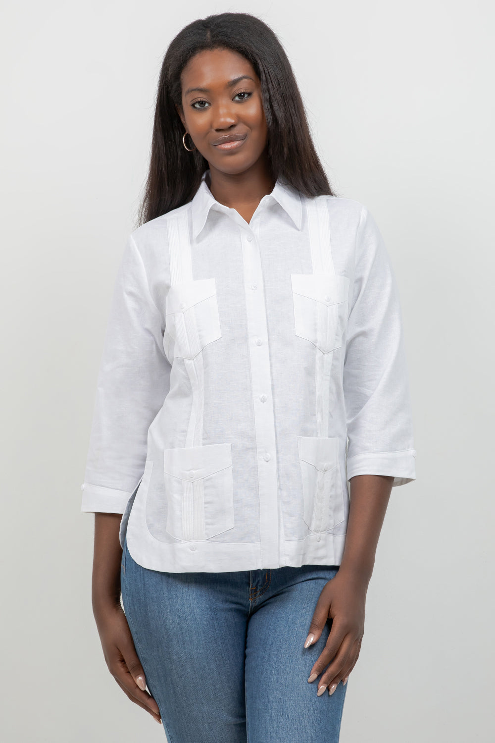 cuban dress shirt Women's 100% Linen Guayabera 3/4 Sleeve 4 Pocket 3X-Large / White Promotion_ClearanceExtra40 Martina Liana | Unveiled Get a touch of Color:NAVY IVORY