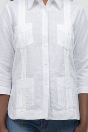 100% Linen Guayabera Shirt 3/4 Sleeve 4 Pocket