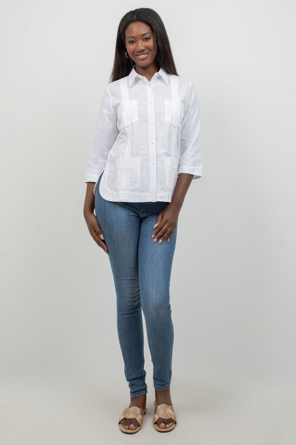 100% Linen Guayabera Shirt 3/4 Sleeve 4 Pocket