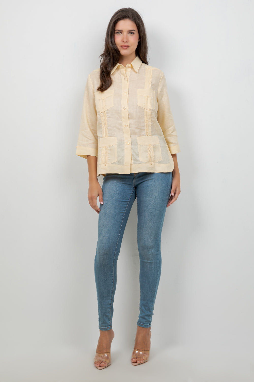 Guayabera de lino para mujer, manga 3/4, 4 bolsillos, estilo cubano