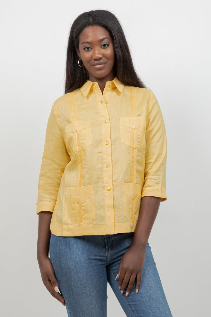 Women's crisp white linen guayabera shirt, 3/4 sleeve, front view, vacation outfit, Mojito Collection