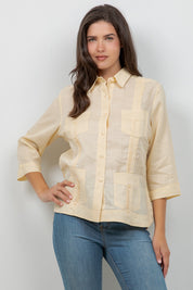 Guayabera de lino para mujer, manga 3/4, 4 bolsillos, estilo cubano