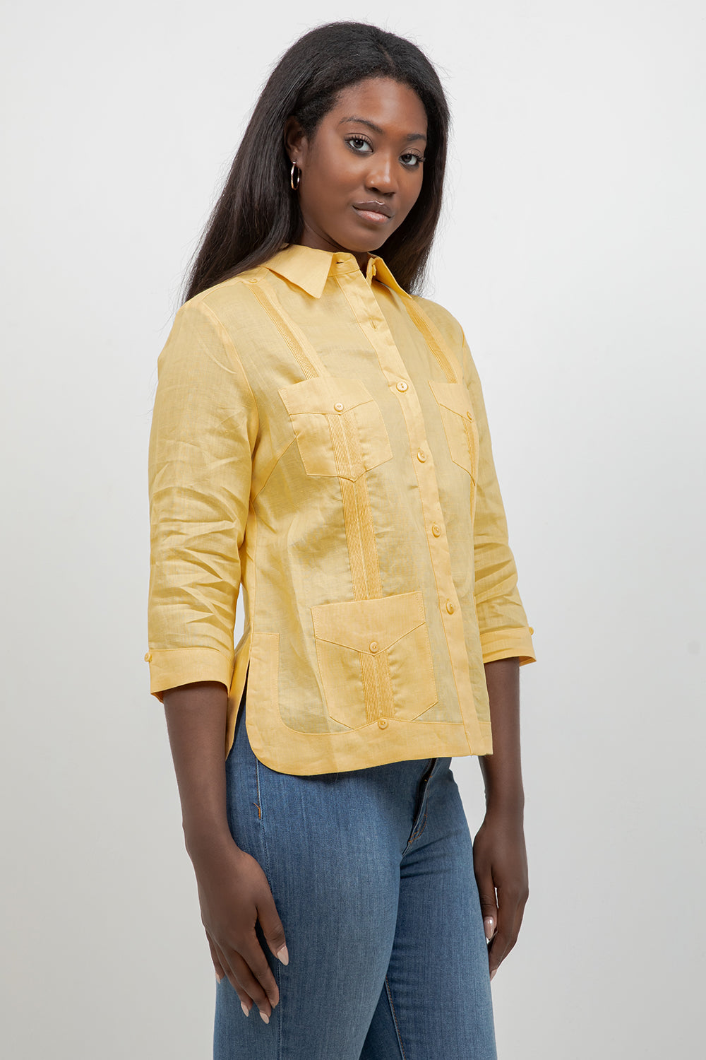 100% Linen Guayabera Shirt 3/4 Sleeve 4 Pocket