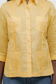 100% Linen Guayabera Shirt 3/4 Sleeve 4 Pocket