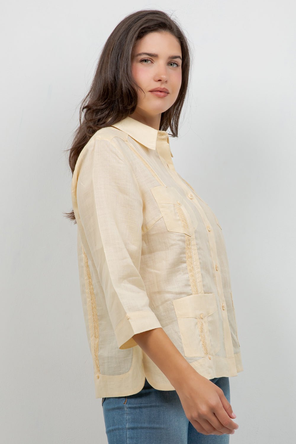Guayabera de lino para mujer, manga 3/4, 4 bolsillos, estilo cubano