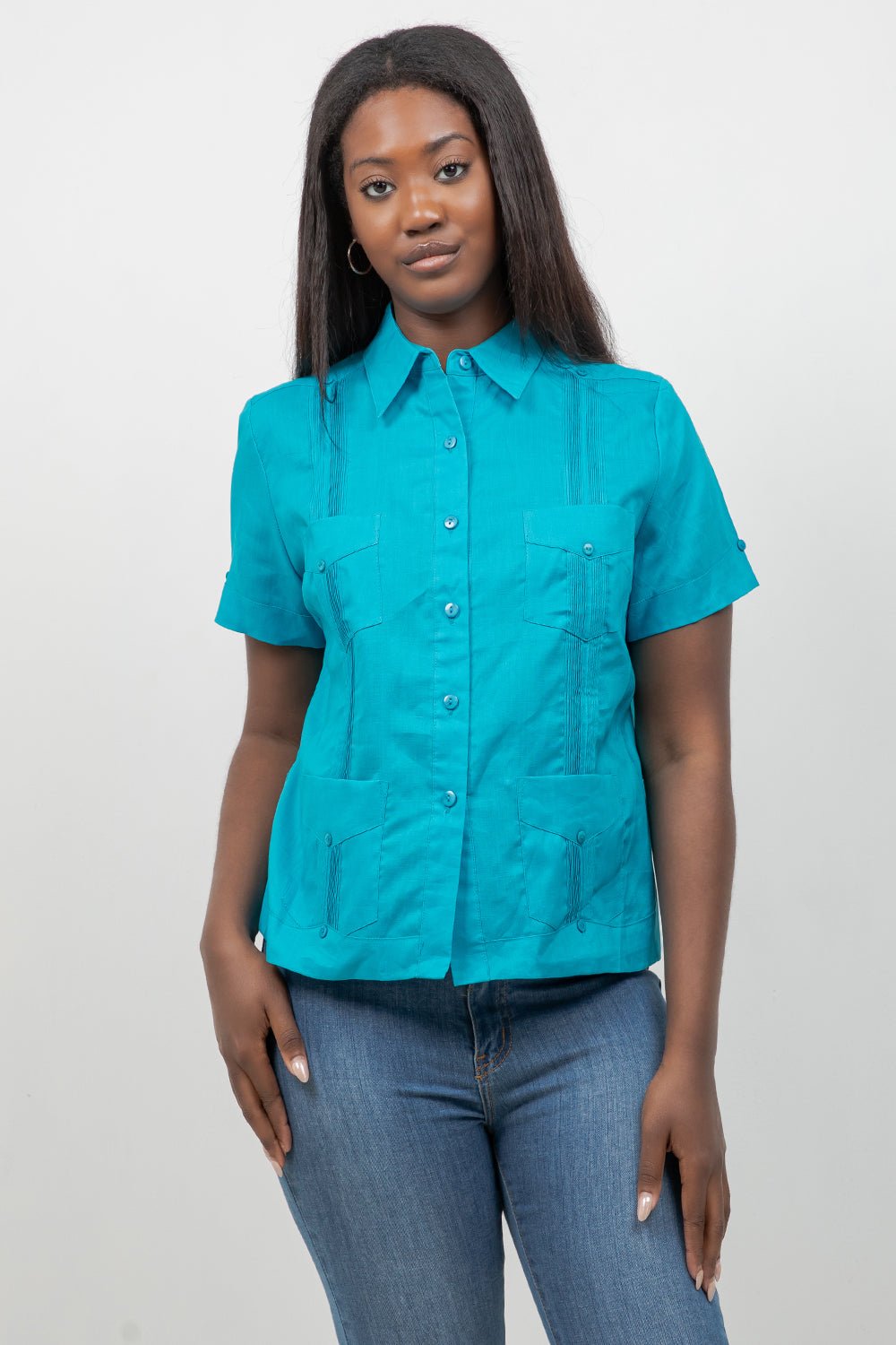 Guayabera tradicional de manga corta con 4 bolsillos, 100 % lino, para mujer