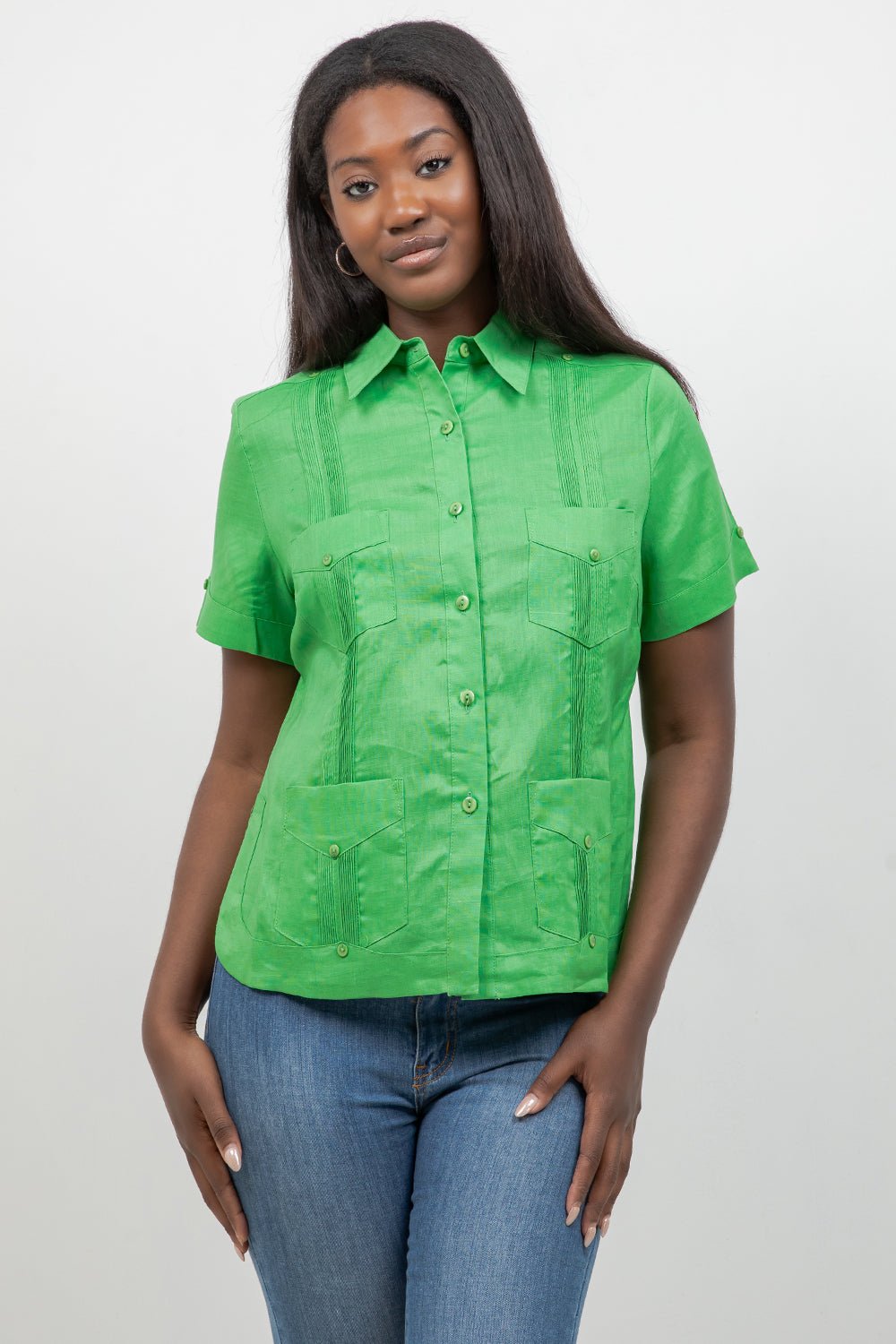 Guayabera tradicional de manga corta con 4 bolsillos, 100 % lino, para mujer