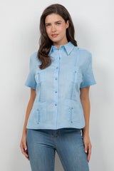 Camisa Guayabera de Lino 100% Manga Corta 4 Bolsillos