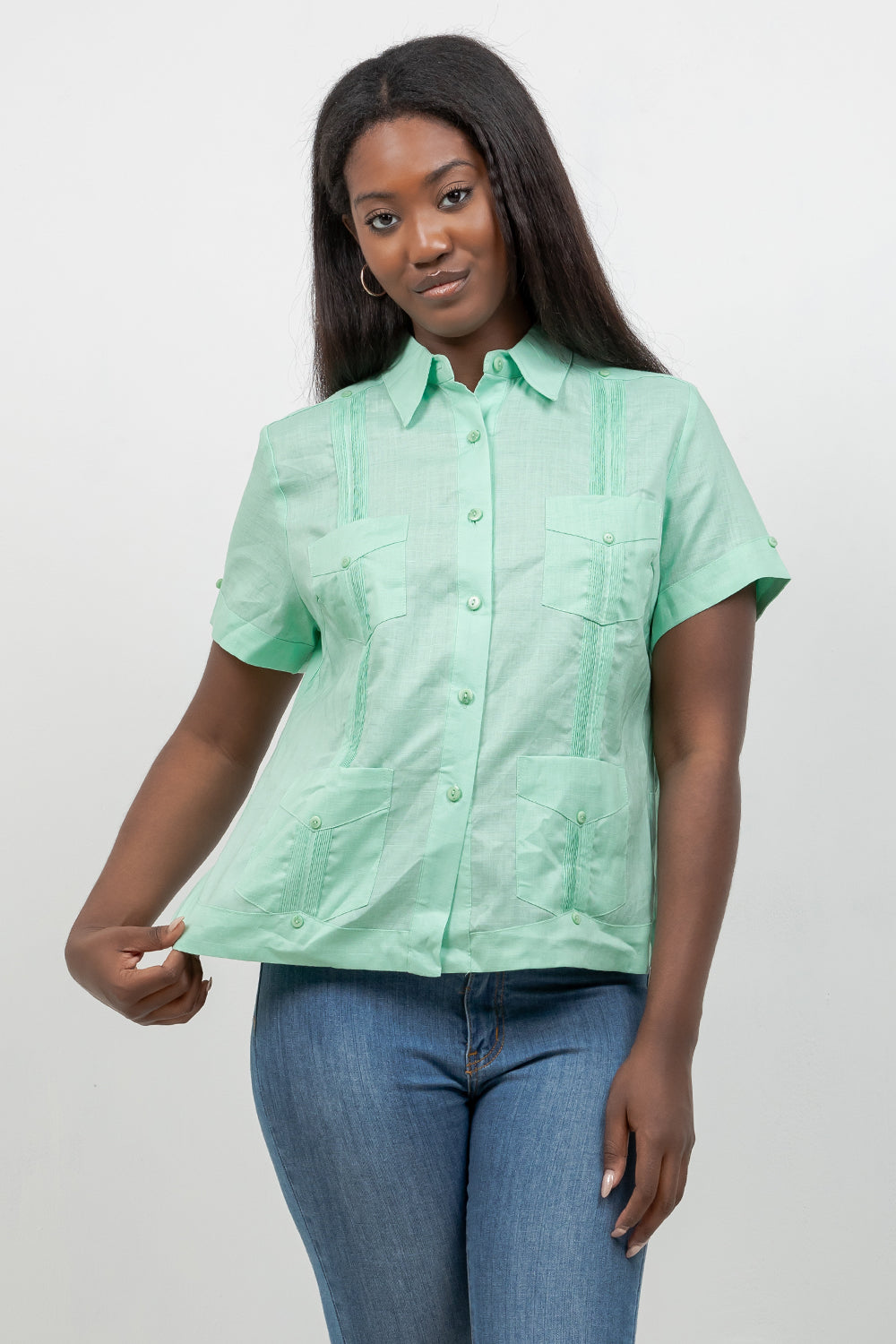 Guayabera tradicional de manga corta con 4 bolsillos, 100 % lino, para mujer