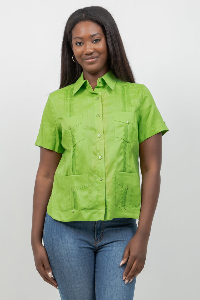 Women's white linen guayabera shirt, short sleeve, front view, vacation outfit, Mojito Collection