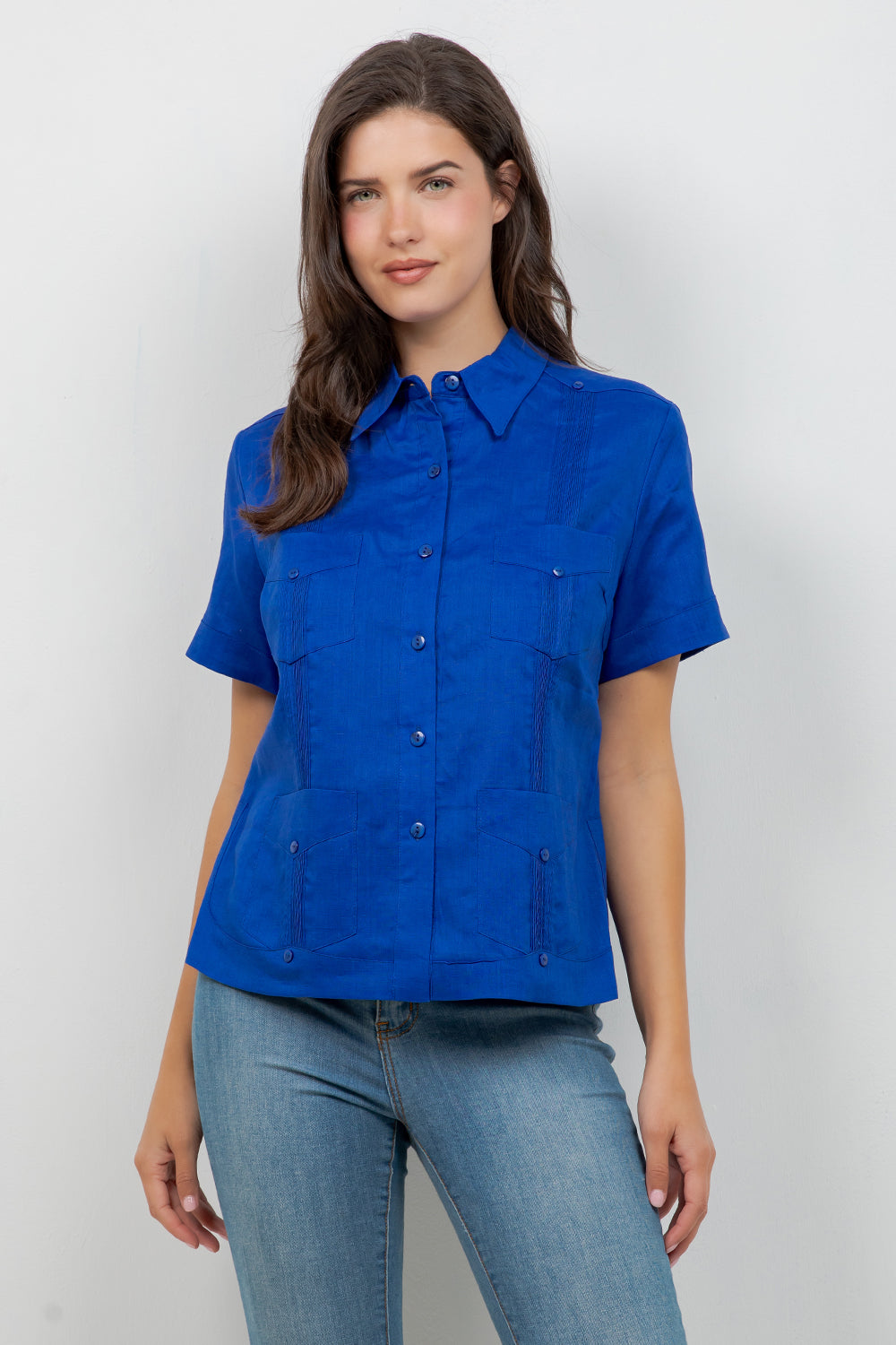 Guayabera tradicional de manga corta con 4 bolsillos, 100 % lino, para mujer