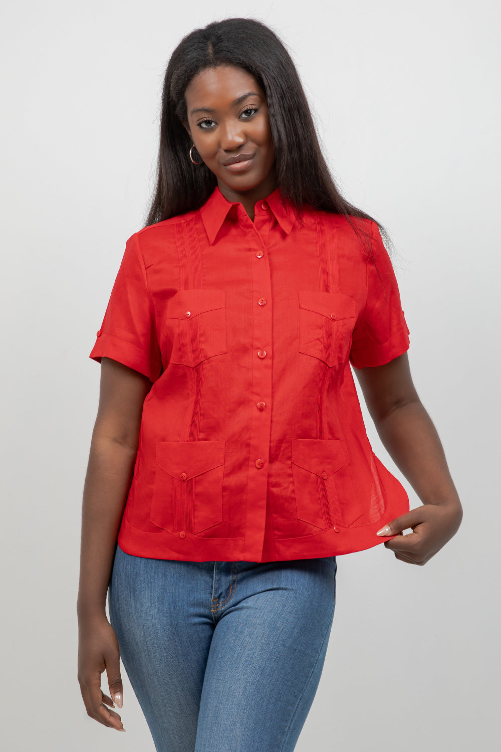 Guayabera tradicional de manga corta con 4 bolsillos, 100 % lino, para mujer