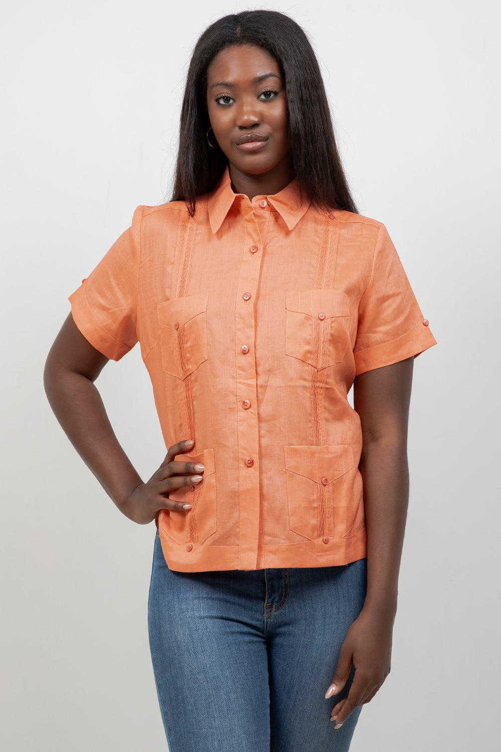 Guayabera tradicional de manga corta con 4 bolsillos, 100 % lino, para mujer
