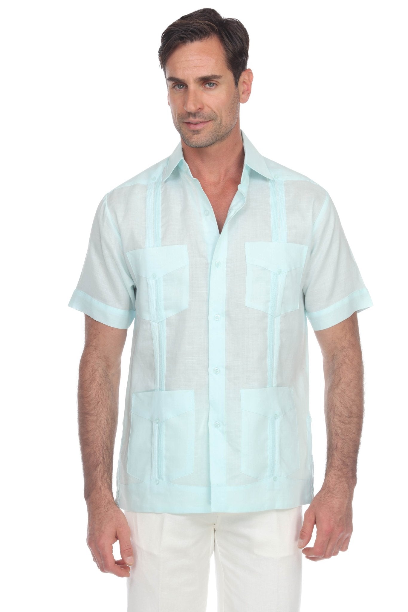 Men's 100% linen guayabera shirt in aqua blue with classic four-pocket design and breathable fabric.